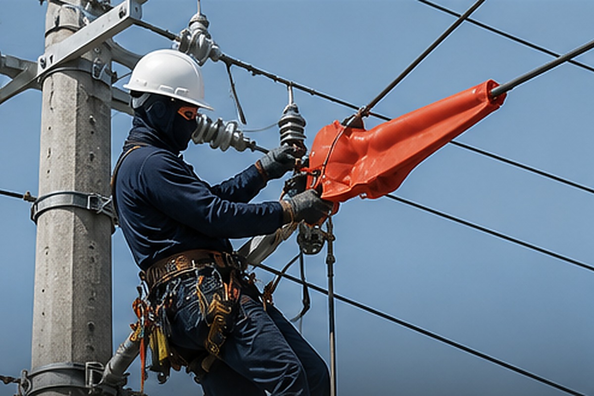 Técnico utilizando equipamiento liniero en una instalación eléctrica